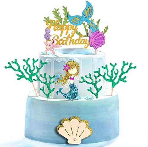 Glitter Mermaid Theme Birthday Cake Topper with Seaweed and Mermaid, Cake Cupcake Toppers for Girls Mermaid Themed Birthday Cake Party Decorations. (White)