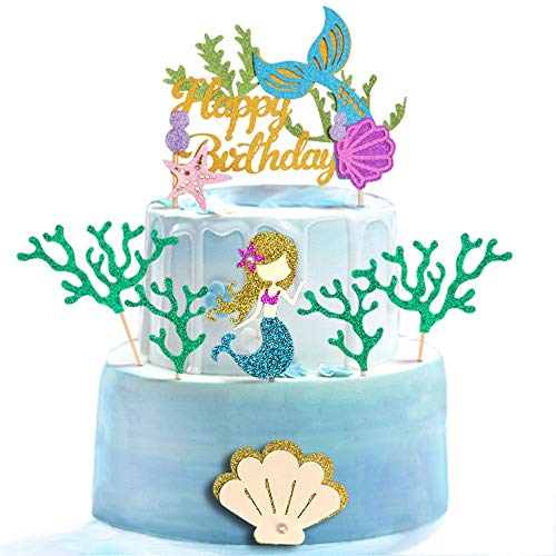 Glitter Mermaid Theme Birthday Cake Topper With Seaweed And Mermaid, Cake Cupcake Toppers For Girls Mermaid Themed Birthday Cake Party Decorations. (White) #TOP3