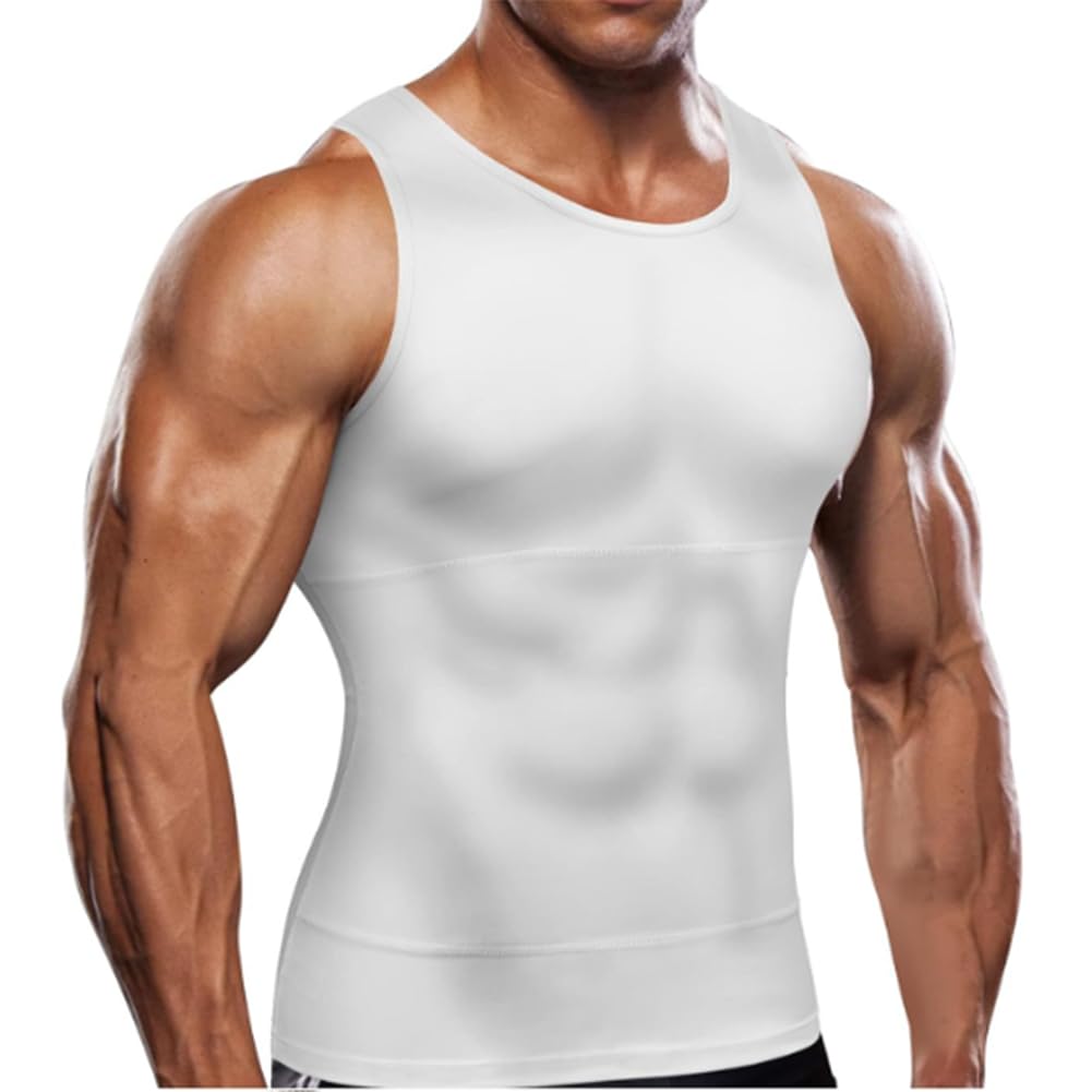 Herren Kompressionsshirt Shapewear Abnehmen Body Shaper Weste Gewichtsverlust Tanktops(Weiß-Mittel