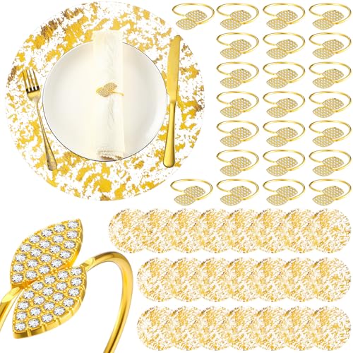 Gandeer 100 Pcs Gold Placemats and Napkin Rings Bulk for Wedding Reception, 13" Disposable Round Gold Placemat Sequin Doilies Metal Leaf Napkin Ring for Wedding Party, Bridal Shower Table Decor by Gandeer - Used condition - US$23.30