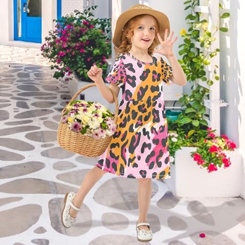 ALAZA Girls' Dresses Pink Yelliw Leopard Animal Print Short Sleeve Dresses4