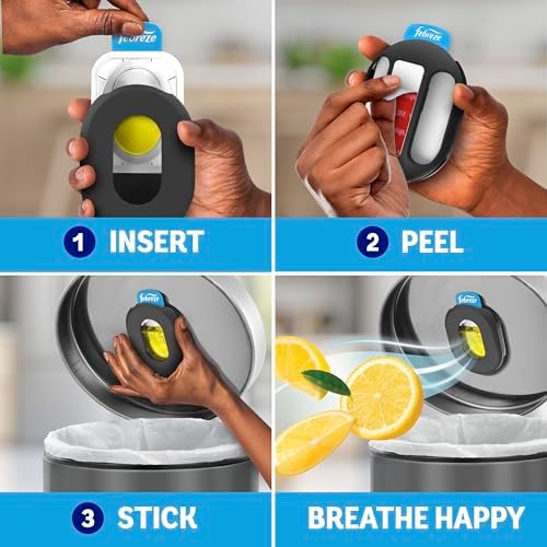 Febreze Trash Can Odor Fighter, Can Air Freshener, Stick-On Deodorizer for Garbage Cans, Diaper Pails, Works with Scented Bags, Fresh Lemon and Linen & Sky Scents, 2 Holders + 2 Refills