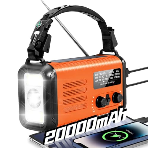 Wind Up Solar Radio, Emergency Crank Radio, 20000mAh Survival Solar Hand Crank Weather Radio with AM/FM, Battery Powered Radio with Cell Phone Charger, Flashlight & SOS for Emergencies/Home