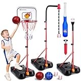 SIOTMERA 4 in 1 Kids Basketball Hoop and T Ball Set, Adjustable Height Toddler Basketball Hoop with Hanging Tee Baseball, Outdoor Indoor Toddler Toys Gifts for Boys Girls Ages 3-8