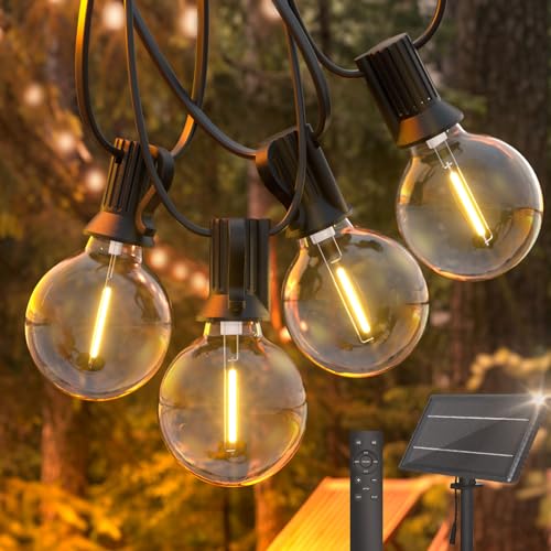 Yuusei Guirnalda Luces Solares Exterior, 15M LED Impermeable Candena de Luces con Control Remoto, G40 25 + 1 Bombillas, 4 Modos Cadena de Bombillas, Ideal para Fiestas, Patio - Blanco Cálido