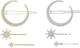 مجموعة اكسسوارات الشعر، مجموعة من قطعتين من بنس الشعر الماسية على شكل شمس وقمر ونجوم بدون درزات مرصعة بأحجار الراين للنساء والبنات