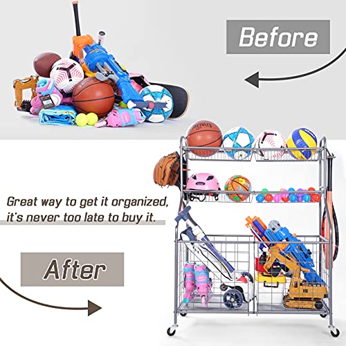 Sports Storage Organizer For Garage, Weyimila Ball Storage Garage With Baskets And Hooks, Rolling Sports Equipment Storage Cart With Wheels, Basketball Racks, Garage Sports Equipment Organizer (Gray) #TOP4