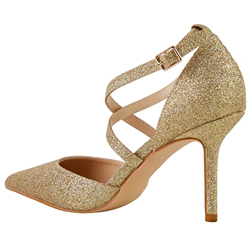 Lala Ikai Women Pumps, Pointed Toe High Heels Glitter Pumps Strappy Cross Ankle Strap Shoes For Casual Work Wedding Evening Party Dress Gold #TOP3