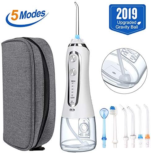 [2019]HAUEA 5 Modes Cordless Dental Water Flosser with Gravity Ball Design 6 Jet Nozzles and Handy Cosmetic Bag (blue)