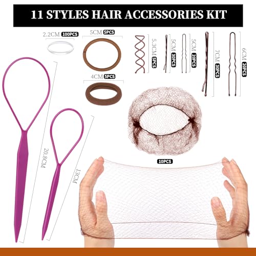 Teenitor Bobby Pins Hair Pins Hair Net Kit, 227 Bobby Pins for Women U Shaped Hair Pins, Hair Nets for Buns Spiral Pins, Hair Ties and 2 Hair Styling Tools for Women Girls Dance Ballet Brown - Thumbnail 2
