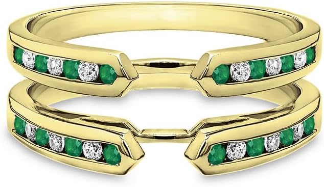 Enhancer Ring, 14K Gold Finish Round Cut Green Emerald & White Diamond Enhancer Guard Band for Women, Diamond Enhancer Ring