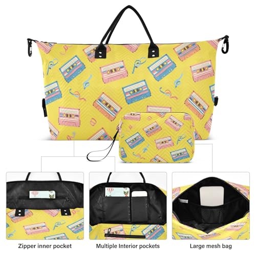 Music Tape Yellow Travel Duffel Bag for Men Women with Makeup Bag Weekend Overnight Carry On Bags for Travel Hospital Gym2