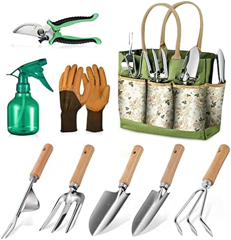 Grenebo Gardening Tools 9-Piece Heavy Duty Gardening Hand Tools with Fashion and Durable Garden Tools Organizer Handbag,Rust-Proof Garden Tool Set, Ideal Gardening Gifts for Women