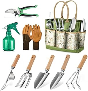 Grenebo Gardening Tools 9-Piece Heavy Duty Gardening Hand Tools with Fashion and Durable Garden Tools Organizer Handbag,Rust-Proof Garden Tool Set, Ideal Gardening Gifts for Women