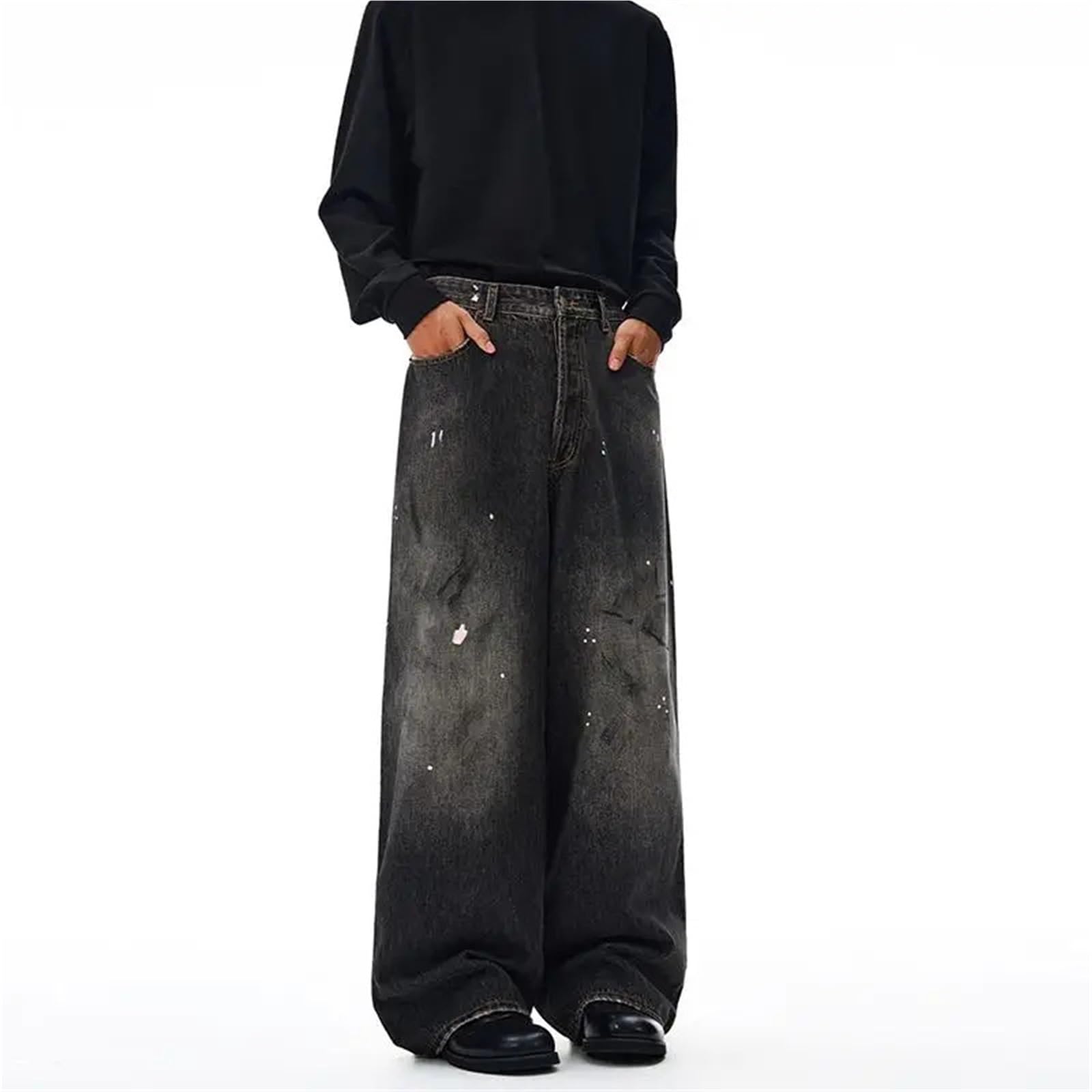Uomini e Donne lavano Il Pavimento, Coppie Curve, Versatili, Pantaloni Lunghi Casual a Gamba Dritta, Jeans Larghi, Tinti di Sporco schizzati d'inchiostro per Il Tempo Libero E Le Vacanze