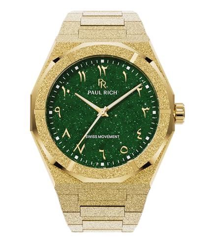 Image of Paul Rich Men's Luxury Stainless Steel Watch - Rugged & Stylish Timepiece for Business, Gift, or Graduation - Fancy Analog Water Resistant Wrist Watch for Him - Frosted Star Dust II Arabic Dial, Gold