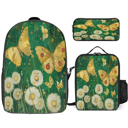 Printed Backpack With Lunch Pack Storage Box Case Yellow Butterfly Pattern 3pcs Lightweight Travel Backpack