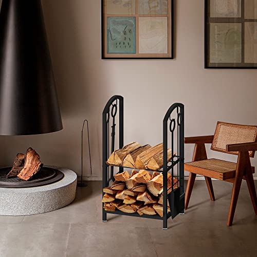 AMOS Firewood Stand Log Rack Holder with 4 Piece Fireplace Tools Set Black with Removable Kindling Holder.For Indoor and Outdoor use,Black