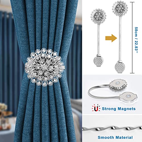 Mydaytin Crystal Decor Curtain Tiebacks, 2 Pack Magnetic Tieback, Crystal Flower Curtain Tiebacks With High Stretchy Wire Rope, Flower Curtain Buckle For Home, Office, Window Decoration (Silver) #TOP2