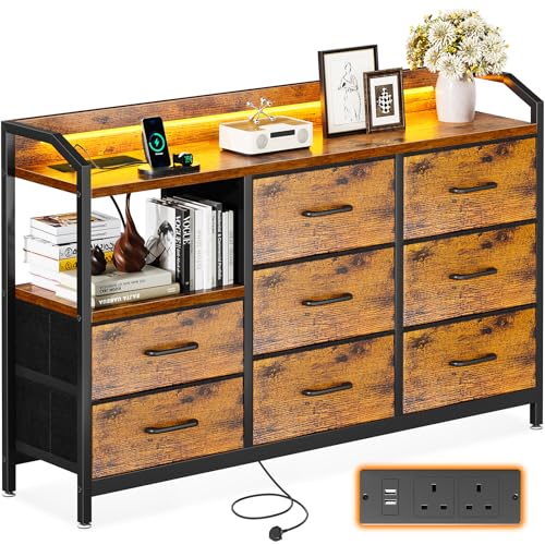 ODK Chest of Drawers Bedroom, with LED Light trip with 10 Adjustable Colors and 2 USB and 2 AC Outlets, Includes 8 Large Fabric Drawers, Suitable for Bedroom, Living Room, 110 * 30 * 88cm Retro Color