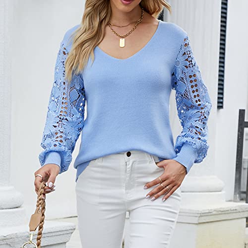 Decote em V de renda feminina manga longa de malha oca (L)