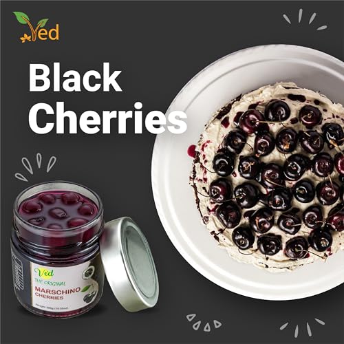 Ved Gourmet Original Schwarze Maraschinokirschen, italienische Kirsche für altmodische vegane Cocktails, Bourbonkirschen in natürlichem Cocktailgarnitursirup (300-g-Glas (1er-Pack))