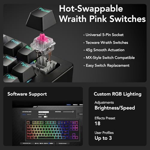Image of TECWARE Phantom+ Elite 87 Key RGB Mechanical Gaming Keyboard | 3 Mode Wireless Bluetooth 5.0 2.4GHz & USB C Wired | Hot Swappable 5 Pin | Double Shot PBT Keycaps | Wraith Pink Switch - Black