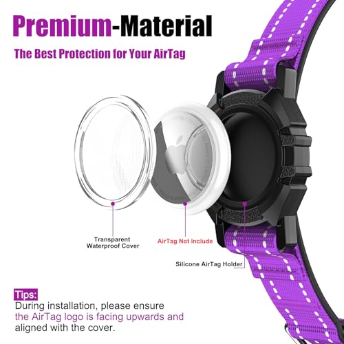 Image of AirTag Dog Collar, IP68 Waterproof Air Tag Dog Collar Holder (Purple, L) | Air Tag Dog Collars Reflective, Ultra-Durable, Comfortable Padded, Heavy Duty Dog Collars Collars for Small - Large Dogs
