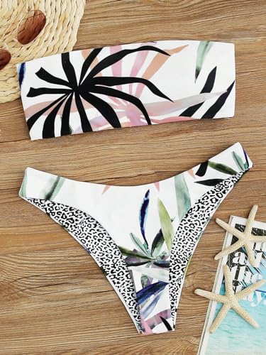 GORGLITTER Women's Strapless Bandeau Swimsuits Tropical High Cut Thong Cheeky Bikini Set Bathing Suit3