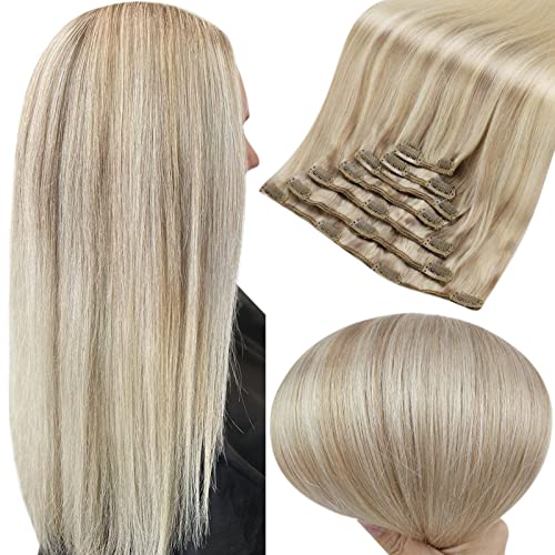 Fshine Real Hair Extensions Clip in Human Hair Balayage Ash Blonde to Bleach Blonde with Platinum Blonde Straight Real Thick Human Hair Extensions for Women 18 Inch 100g 7pcs