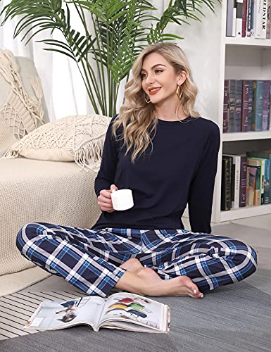 Uniexcosm Pijama Mujer Largo de Cuadros, Conjunto de Algodón 2 Piezas Con Cuello Redondo y Bolsillo, Suave Para Hogar - Azul Marino M - imagen 6