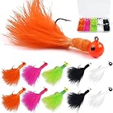 Crappie Jig Fishing Lures,30-Pieces Marabou Feather Jig Head Hooks Hand-Tied Ice Fly Fising Lures 5 Colors for Panfish Sunfish Hair Jig Bait Size Mix