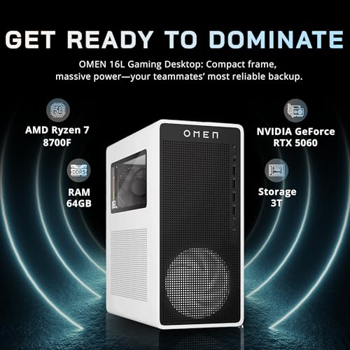 Image of HP Omen 16L Gaming Desktop, AMD Ryzen 7 8700F Processor, NVIDIA GeForce RTX 5060 8GB GDDR7, 64GB DDR5 RAM, 3TB Storage (2TB SSD +1TB Docking Station Set), Keyboard & Mouse, Wi-Fi 6, Win 11 Home, White