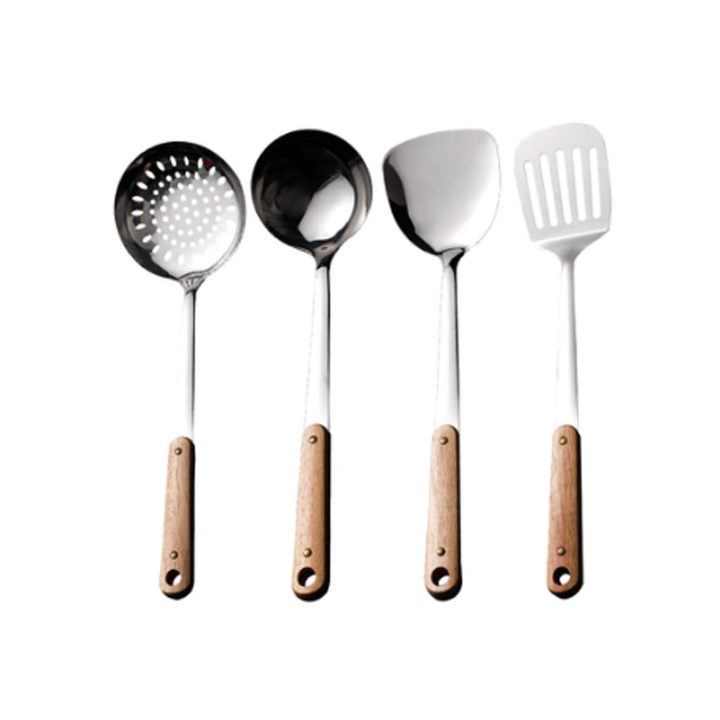 IUokLU Wooden Handle Anti-scalding Cooking Utensils Set with Stainless Steel Spatula, Soup Spoon, and Slotted Spoon