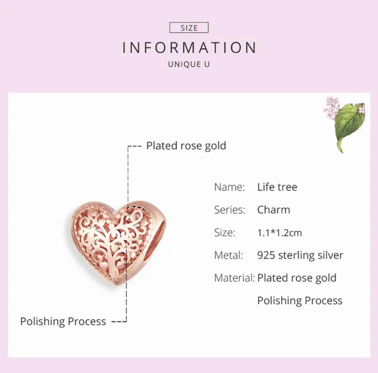 FLXHHX Abalorio de corazón de Amor con árbol genealógico de la Vida en Oro Rosa, Plata de Ley 925 auténtica, Compatible con Pulsera