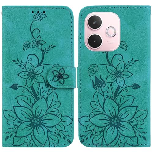 Étui portefeuille en cuir vert pour Nokia C21 aux finitions florales