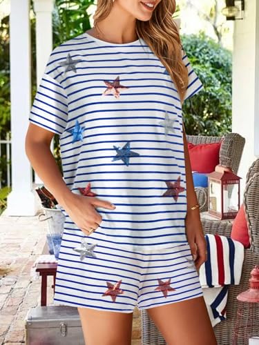 Image of VILOVE 4th of July 2 Piece Sequin Outfits Women 250 Anniversary Usa Shirts and Short Sets Casual Patriotic Shirt Summer Set