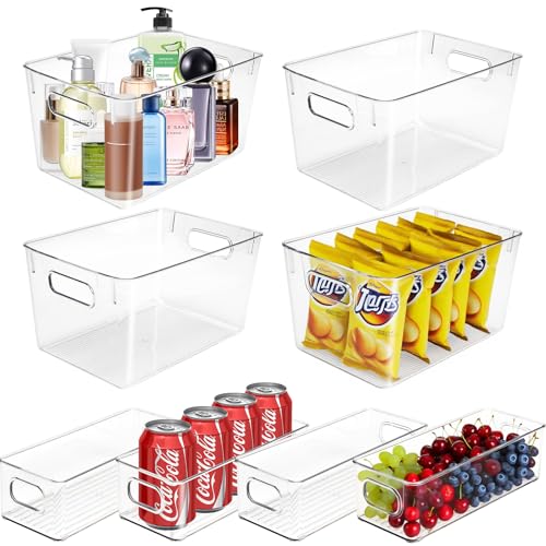 Set of 8 Clear Organizers and Storage Bins, 4 Large and 4 Small Stackable Plastic Storage Containers...
