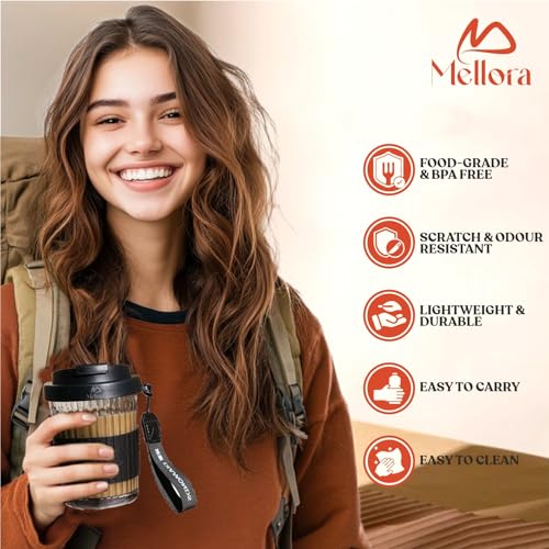 Image of MELLORA Premium Hustler Black Sipper Tumbler - 400ml | Rubber Grip Mug with Anti - Leak Proof Lid for Hot & Cold Beverages | Wide Mouth Transparent Flask | Perfect for Office & Travel - Black