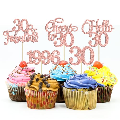 Gyufise 30Pcs 30th Birthday Cupcake Toppers Glitter Hello 30 Cupcake Topper Cheers to 30 1996 Thirty Cupcake Picks for Happy 30th Birthday Anniversary Party Cake Decorations Rose Gold