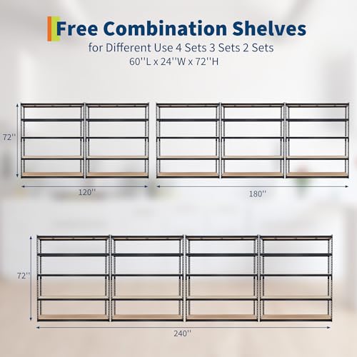 Garage Storage Shelves 5 Tiers, Heavy Duty Storage Shelving Racks with 3000 Lbs Capacity, 60" L x 24" W x 72" H Metal Adjustable Shelving Unit for Kitchen Pantry Basement Bathroom Laundry