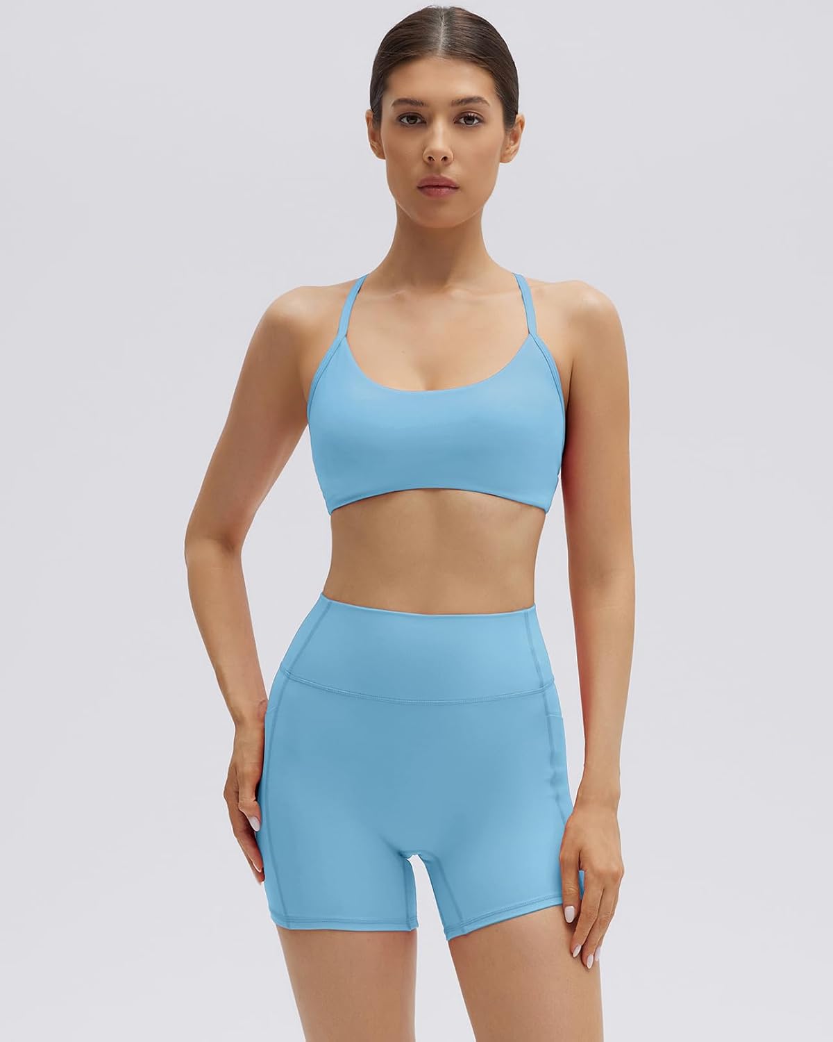 SUUKSESS Workout Sets for Women Y Back Sports Top Padded Racerback Yoga Crop Tank High Waisted Bike Short with Pockets