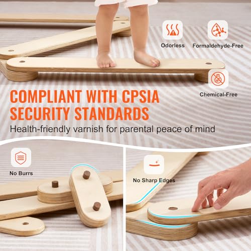 Image of VEVOR Balance Beam Stepping Stones, 6 PCS Wooden Toddler Balance Boards, Montessori Toy for Kids 3-6, Build Coordination and Gross Motor Skills, Gymnastics Course Indoor & Outdoor for Girls Boys Gift