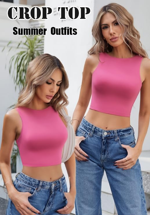 Image of Avidlove Crop Tops for Women Crew Neck Basic Tank Sexy Double Lined Seamless Crop Going Out Summer Tops