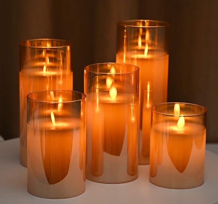 Image of LTETTES Set of 5 Premium LED Amber Glass Cup Pillar Candles with Real Wax with Moving Faux Wick | Battery Powered with Remote Controller | 3 inch H x4,5,6,7 inch,8 inch Dia | Ideal for Home Decor and Gifting