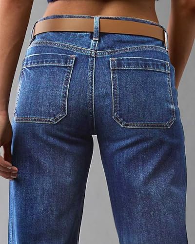 Flvsun Wide Straight Leg Stretchy Jeans for Women Mid High Waisted Baggy Denim Pants with Deep Pockets Mid Blue M. — view 4