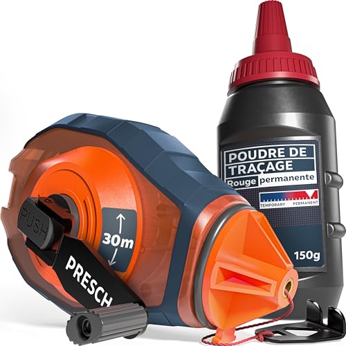 PRESCH Cordeau Traceur de 30m avec craie rouge (150 g) - Dévidage rapide grâce à l'engrenage 6:1 - Hydrofuge et durable - Ligne robuste pour des lignes précises