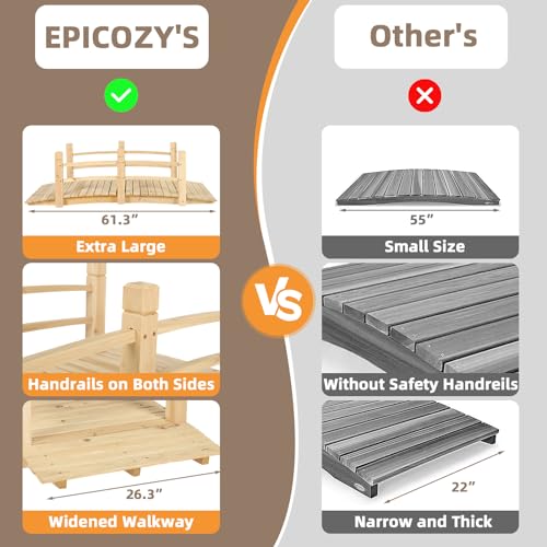 EPICOZY Wooden Garden Bridge Classic Wooden Arch Footbridge with Safety Railings, 530 lbs Capacity, Decorative Pond Bridge Landscaping for Outdoor Garden Yard Backyard Creek Farm, Natural - Thumbnail 2