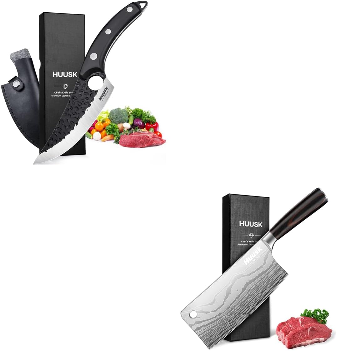 Huusk Meat Cleaver Knife 7 Inch Bundle With Boning Knife for Meat Cutting with Gift Box