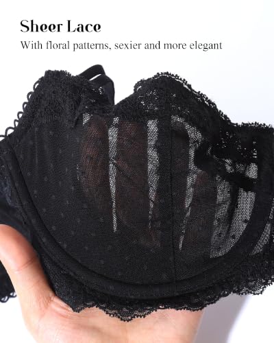 Image of HACI Women's Lace Mesh Balconette Bra Sheer Demi Scoop Neck Sexy Unlined | Underwire, see through, adjustable strap